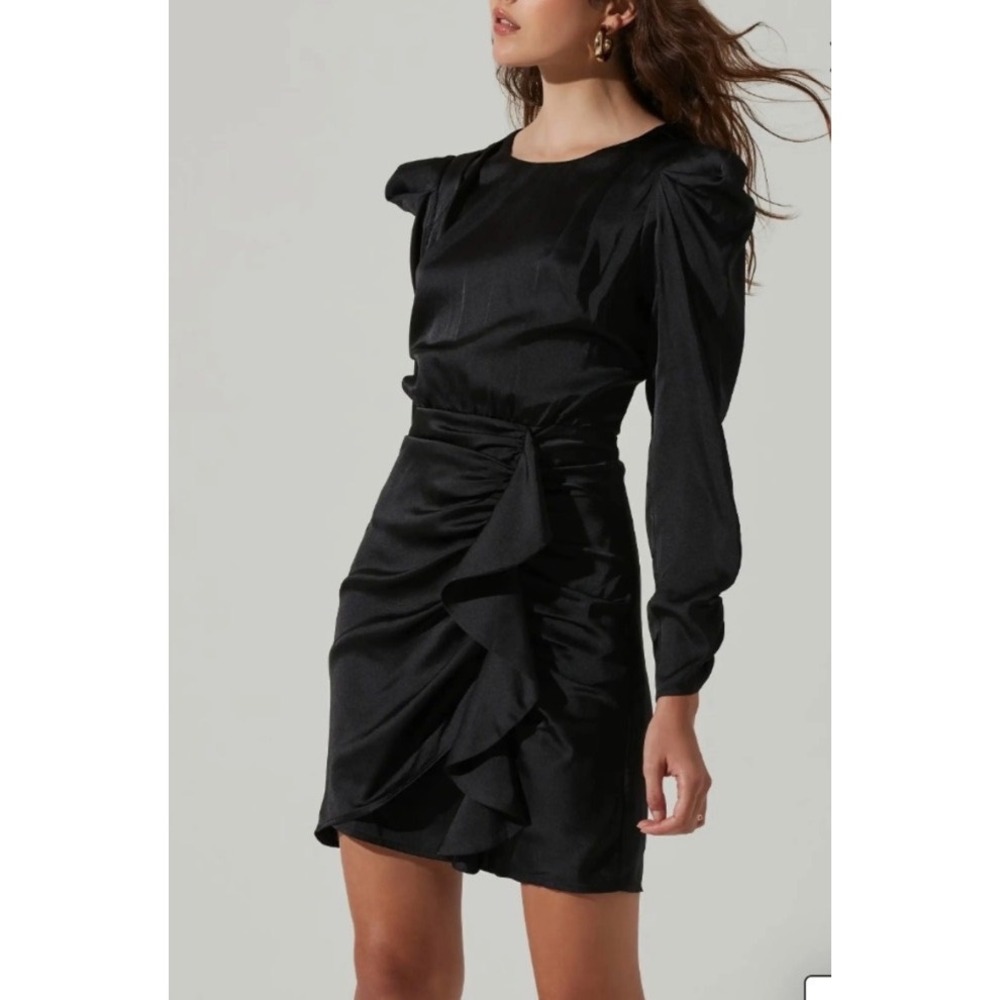 NWT ASTR The Label Black Satin Open Back Ruffle Mini Dress Small